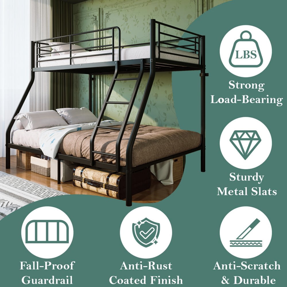Twin Over Full Bunk Bed, Heavy Duty Metal Bunk Beds with Long Guardrail & Slanted Ladder, 650/750 lbs Capacity, Space Saving, No Box Spring, Black
