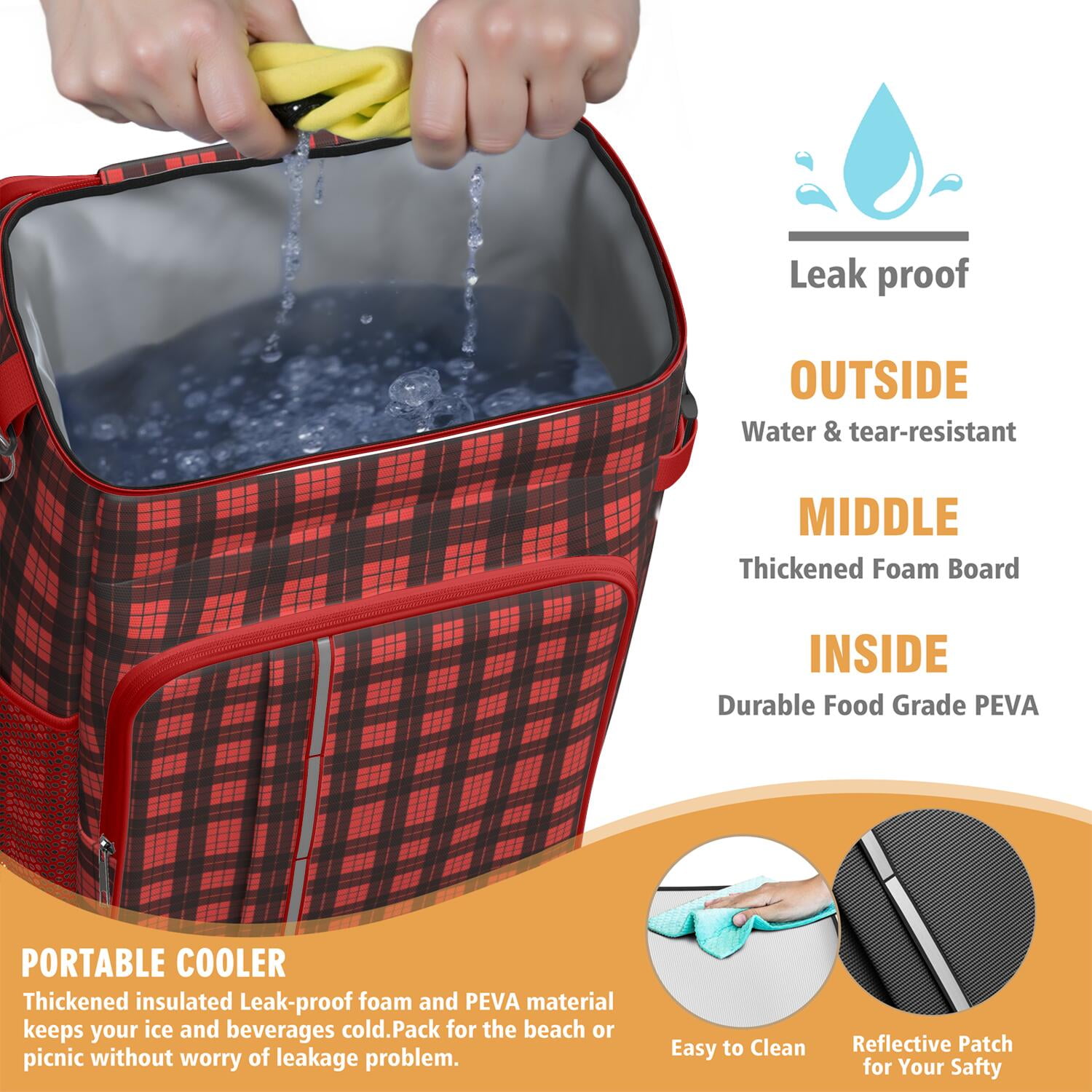 Travel Cooler Bag - Red and Black Christmas Plaid Pattern Camping Beer Cooler Backpack with Bottle Opener- Waterproof Insulated Picnic Backpacks - Cooler Bag for Beach