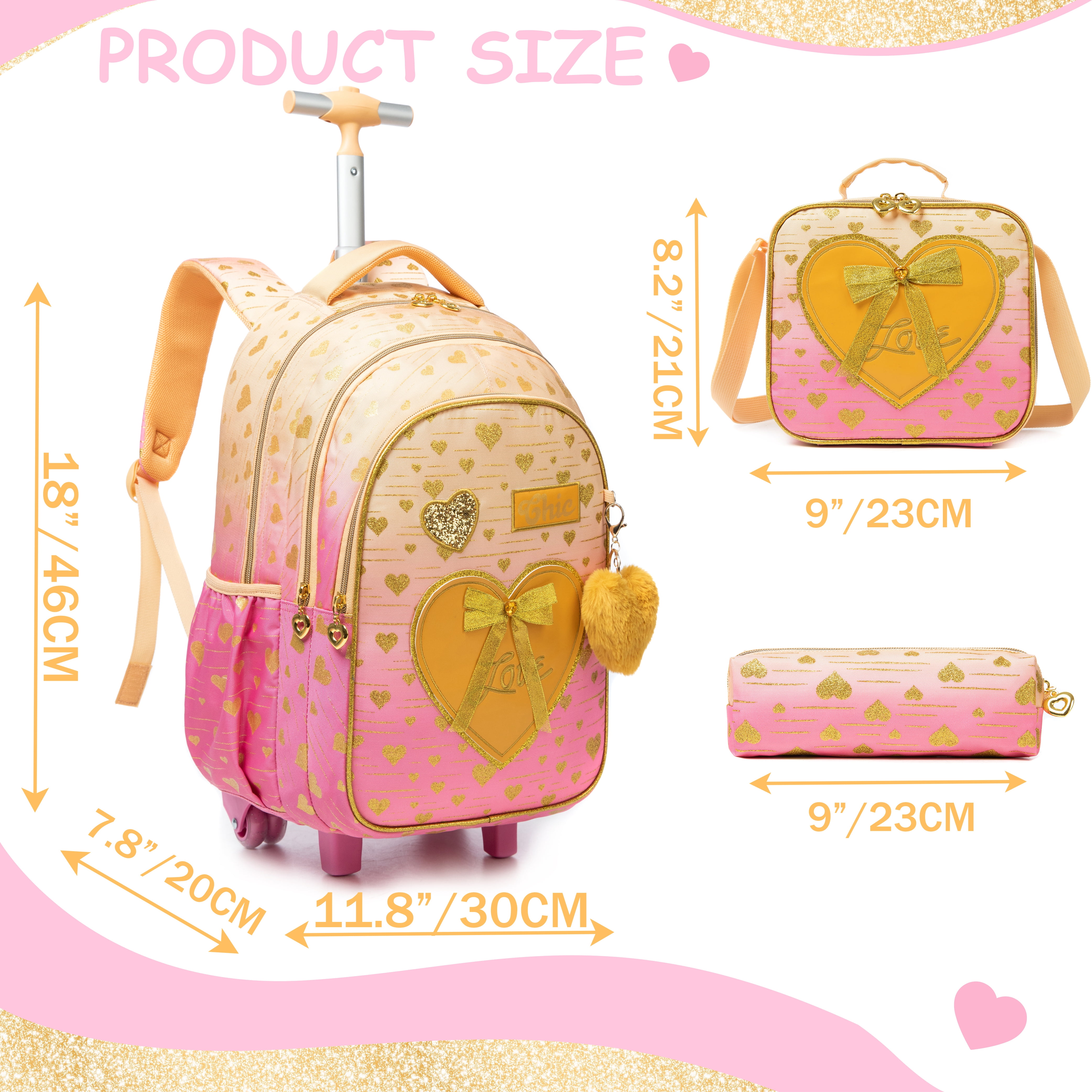 Kids Rolling Backpack for School Girls with Wheels Wheeled School Bags Girls Backpacks with Lunch Bag Pencil Case Ages 8-10