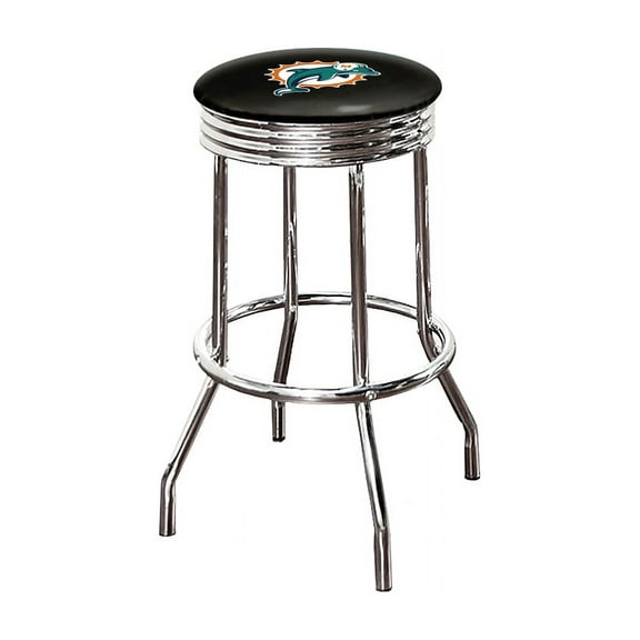 The Furniture King Bar Stool 29" Tall Backless Chrome Metal Stool Featuring Your Favorite Football Team Logo on a Colored Vinyl Swivel Seat Cushion Dolphins Helmet on Black