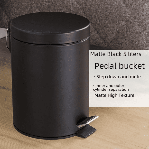 Cubo de basura redondo negro mate con tapa, tipo pedal, para limpieza del hogar, cocina, sala de estar, hotel