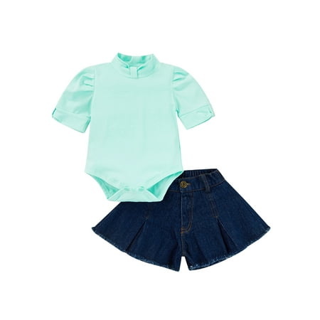 

Canrulo Toddler Baby Girls Summer Casual Outfits Short Puff Sleeve Romper Tops + Denim Shorts Jeans Set Blue 9-12 Months