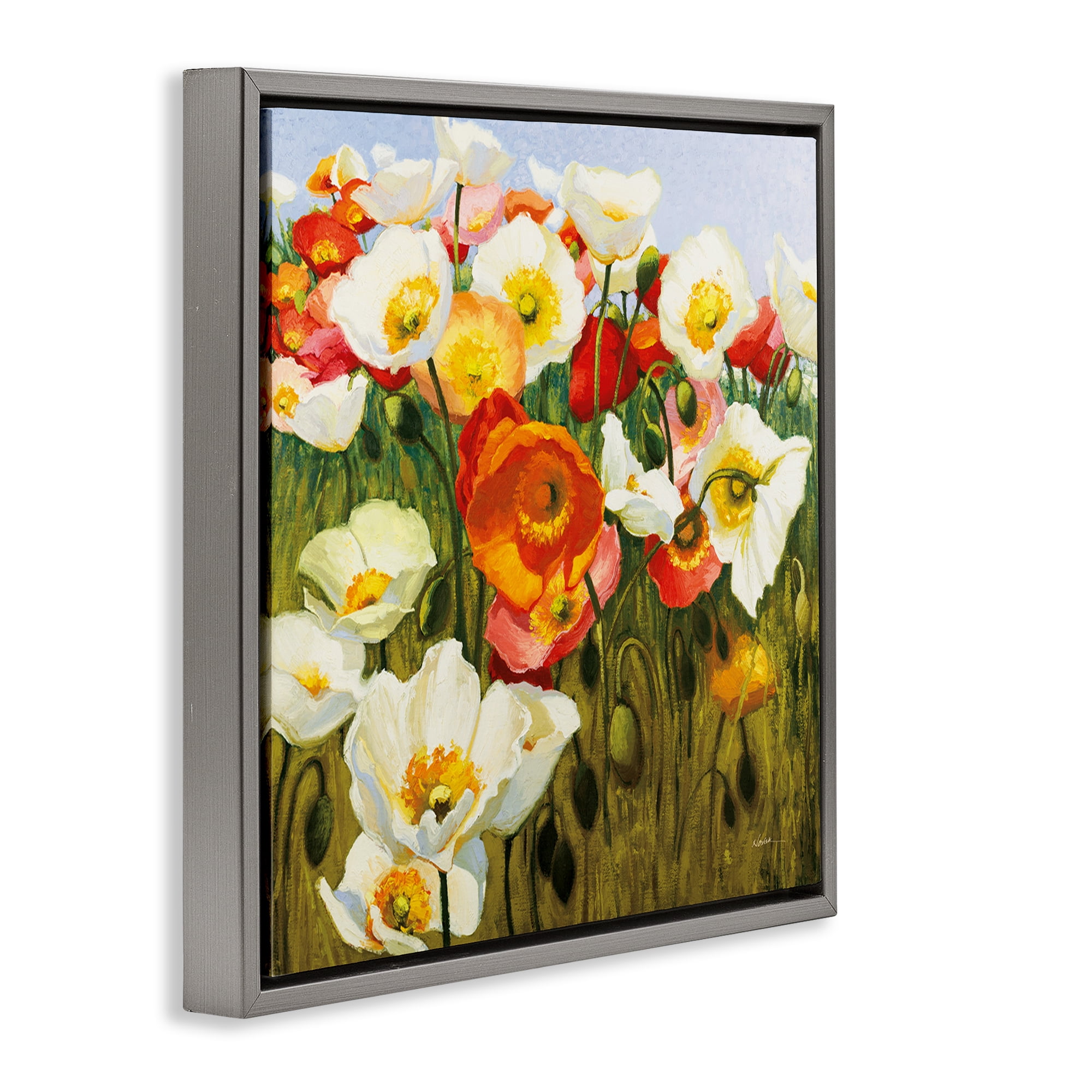 Stupell Industries Lush Poppy Meadow Botanical & Floral Painting Gray Floater Framed Art Print Wall Art, 18 x 18