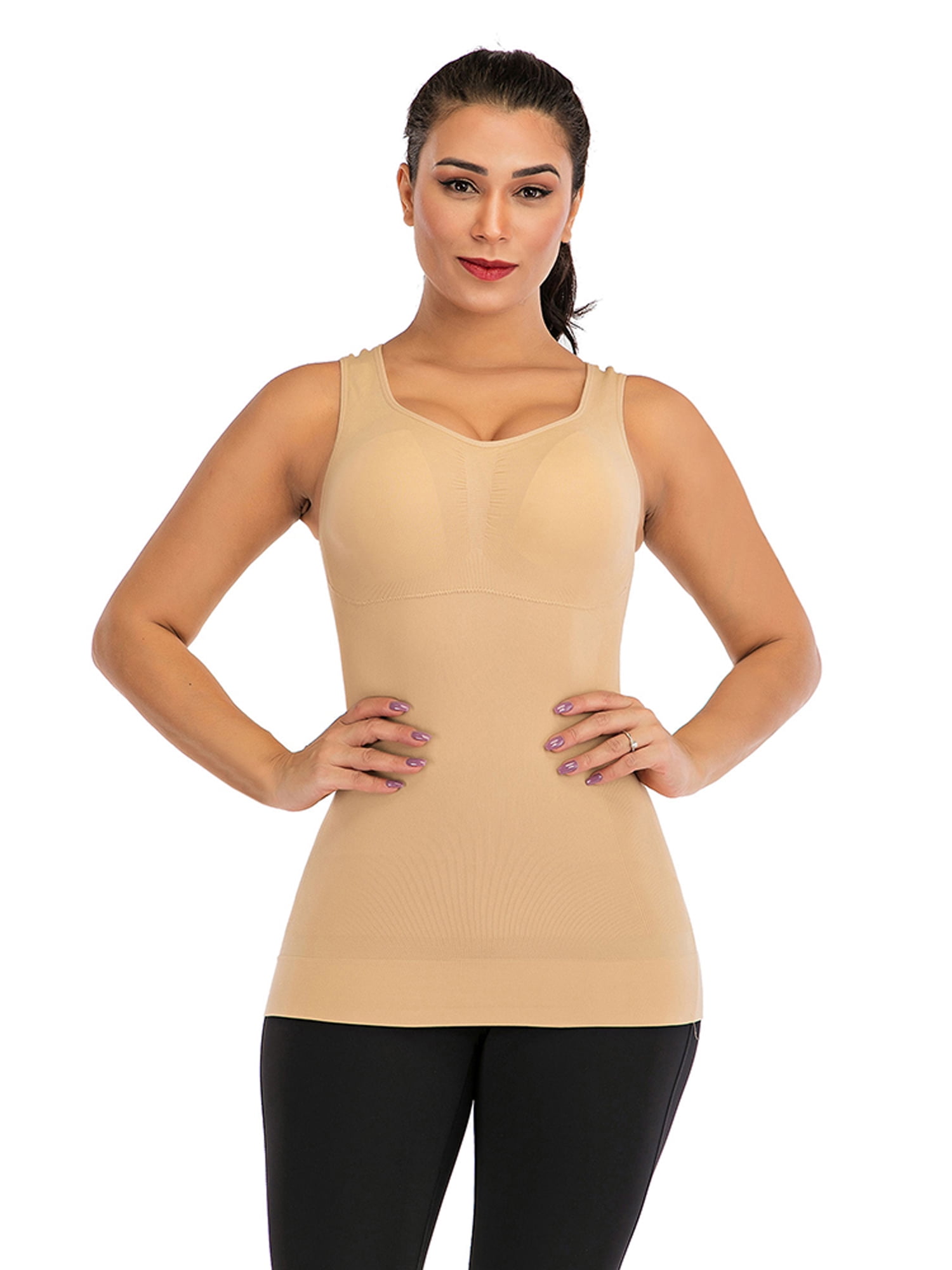 Irisnaya Shapewear Bodysuit for Women Tummy Control Body Shaper Waist  Trainer Girdle Open Bust Sexy Scoop Neck Slimming Bodysuits Tank Tops(Beige  M-L) 