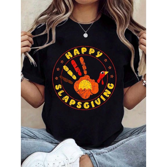 Happy Funny Thanksgiving Christmas Turkey Hand T-Shirt, Autumn Tops For Women