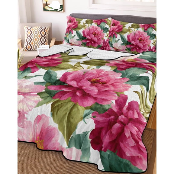 Pink Floral Full Size Down Alternative Comforter, Lightweight Comforter Quilt Bedding Set with Pillow Shams Watercolor Flowers Leaves Plants Watercolor All Seasons Bed Comforter Duvet Insert 78"x90"