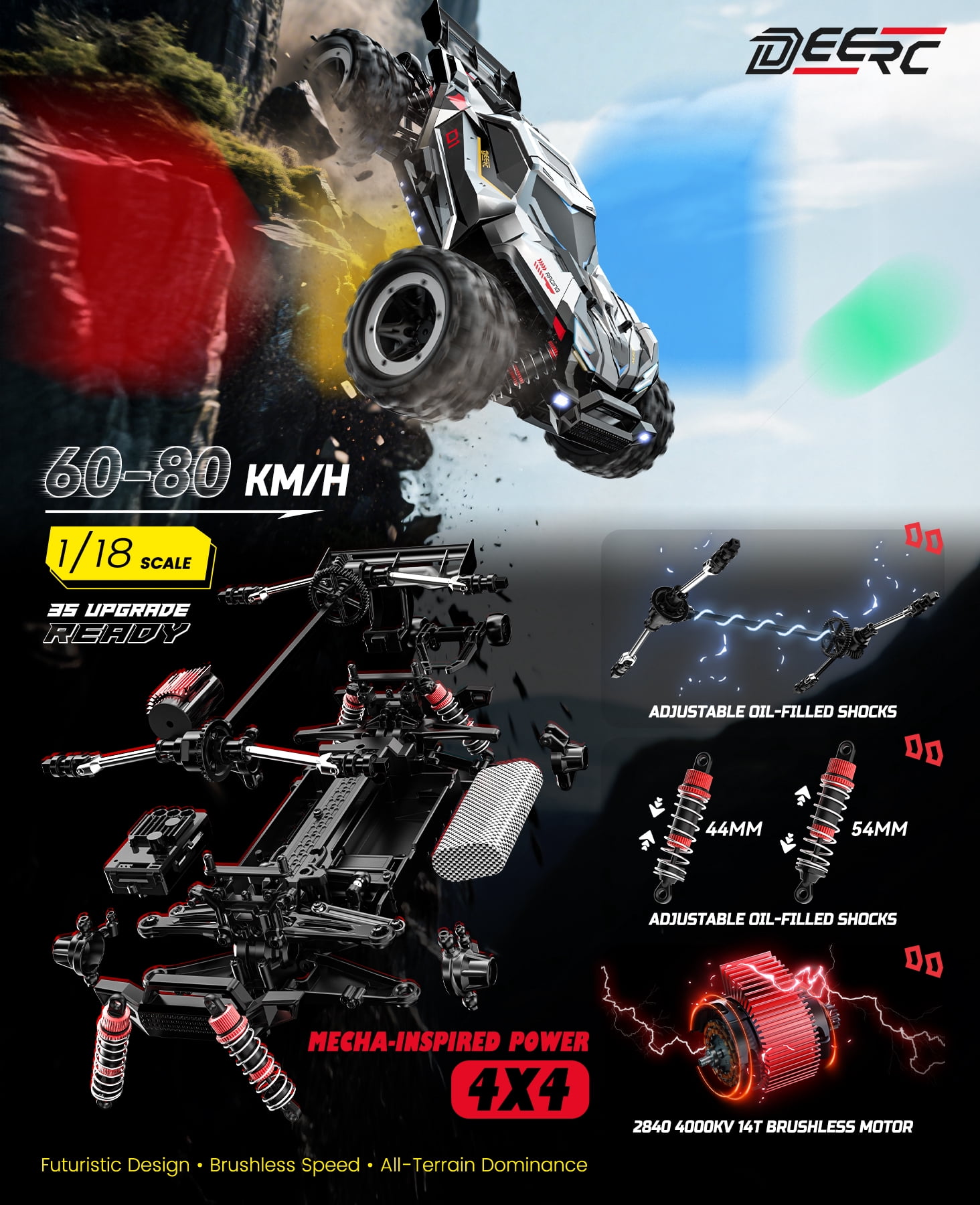 DEERC Brushless Fast RC Cars for Boys & Adults, 55KM/H, 1:18 Off-Road RC Truck, All Terrain 4x4 Racing Mecha Car, 50 Mins, Waterproof Remote Control Monster Truck, Compatible with 3S Battery