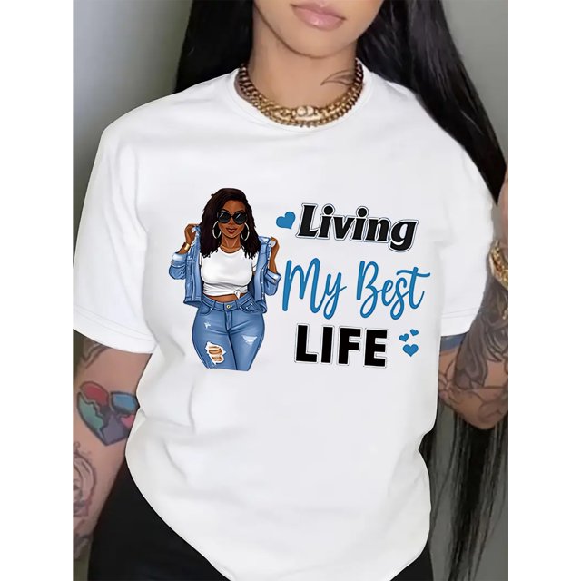 Women's "Living My Best Life" T-Shirt - Chic White with Fashionable Character & Letter Design, Comfortable Cotton, Casual , Perfect for Daily Wear or Valentine's Gift