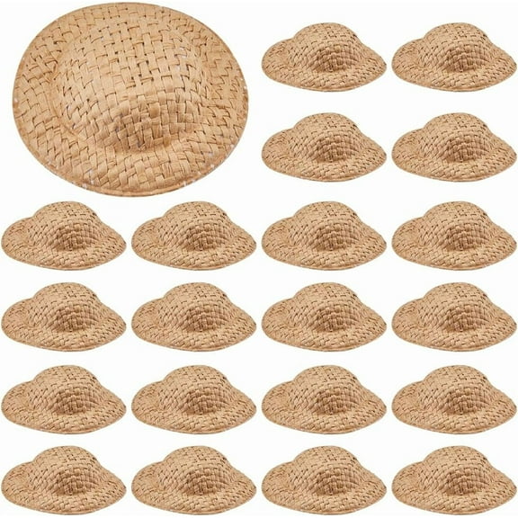 40Pcs Mini Woven Hat Miniature Straw Hats Bulk Dark Goldenrod Knitting Dollhouse Cowboy Sombrero Decoration Tiny Caps for DIY Crafts Christmas Costume Party Ornament Jewelry Accessories Gold DIY