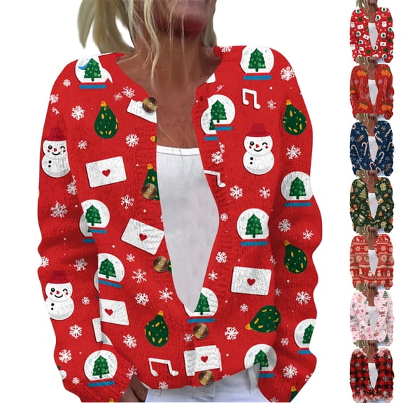 Christmas Sweaters for Women Plus Size Casual Xmas Snowman Print Lightweight Cable Knit Cardigan Button Down Long Sleeve Open Front Cozy Fashion Fall Women's Sweaters Red 3XL