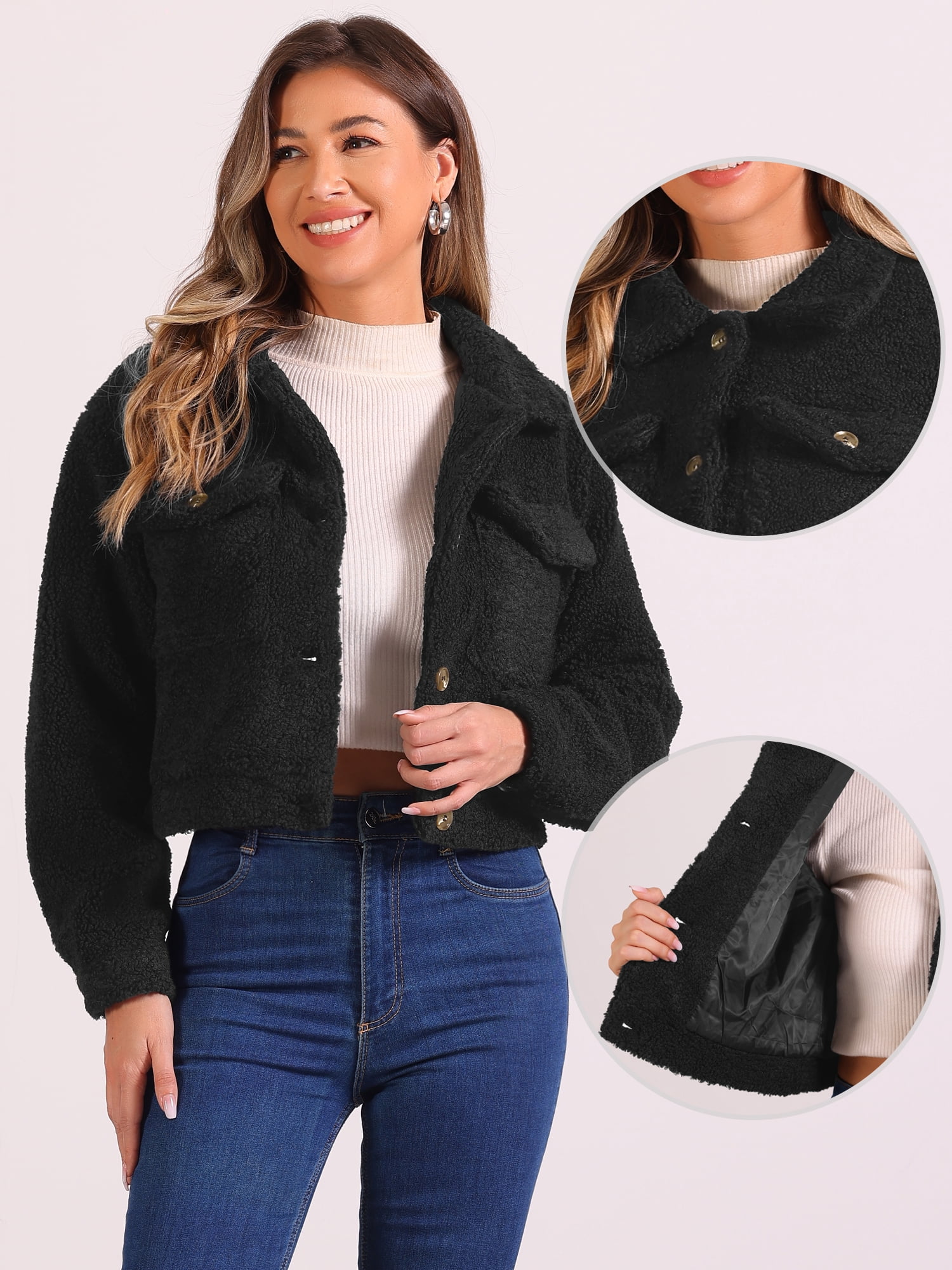 DARING DIVA Women's Fuzzy Fleece Jacket Faux Fur Button Winter Outerwear Short Coat XL Black