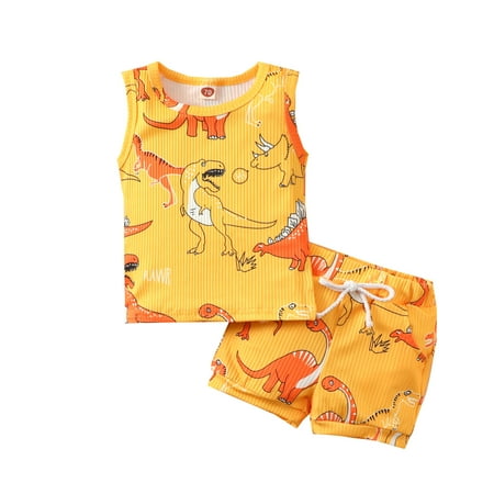 

ZMHEGW Outfits Summer Set T- Sleeveless Boys Printed Dinosaur Children Tops + Short Baby Boys Outfits Set Clothing Set