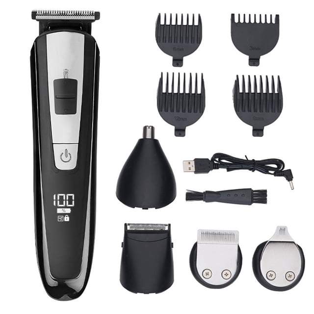 Cortadora Multifuncional 5 en 1 con Pantalla LCD, Recargable USB, Cabezales Intercambiables para Corte de Pelo, Afeitado y Recorte de Vello Nasal, Incluye Accesorios y Estuche.