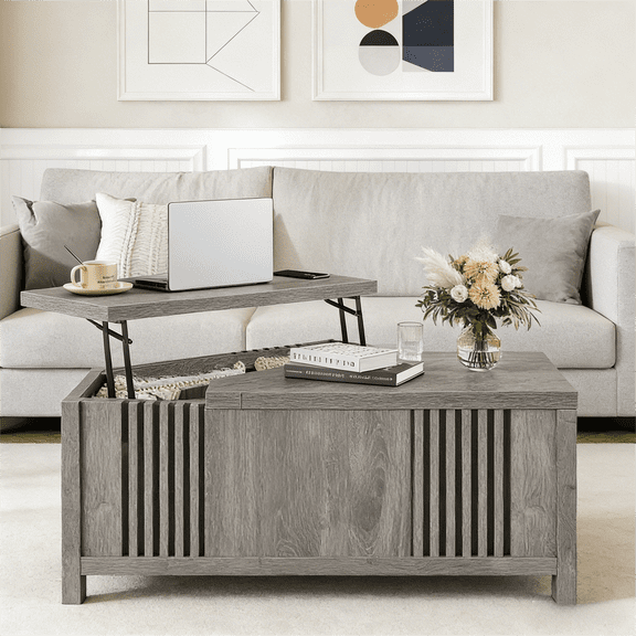 Farmhouse Lift Top Coffee Table with Storage, 35" Square Large Coffee Table with Hidden Compartment, Rustic Wood Center Table for Living Room, Grey Oak