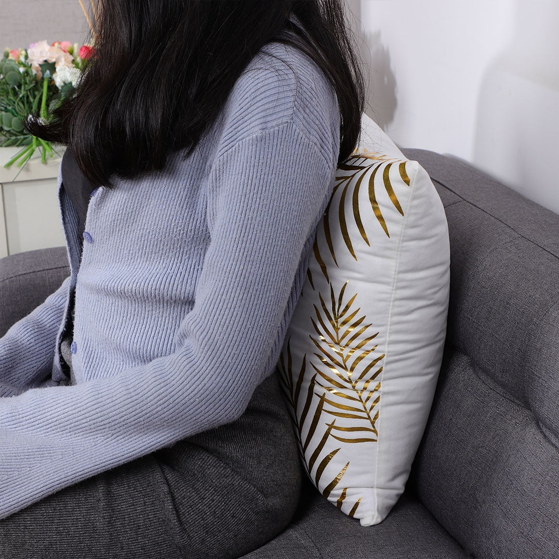 Unique Bargains Gold Stamping Soft Outdoor Square Throw Pillow Covers Pine Leaves 2pcs