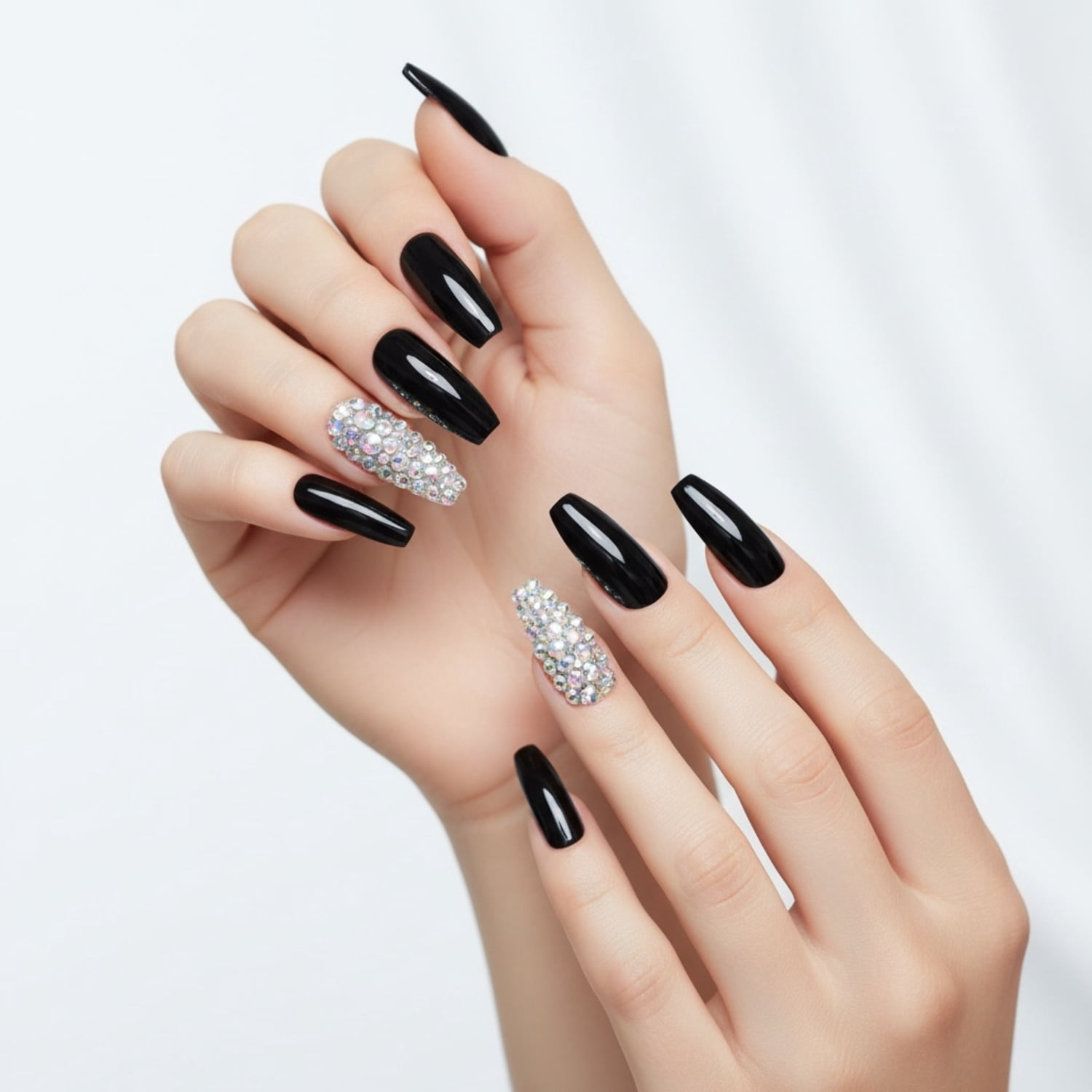 Black 3D Crystal Press On Nails, Extra Long Ballerina Rhinestones Fake Nails Set, Sparkle Night