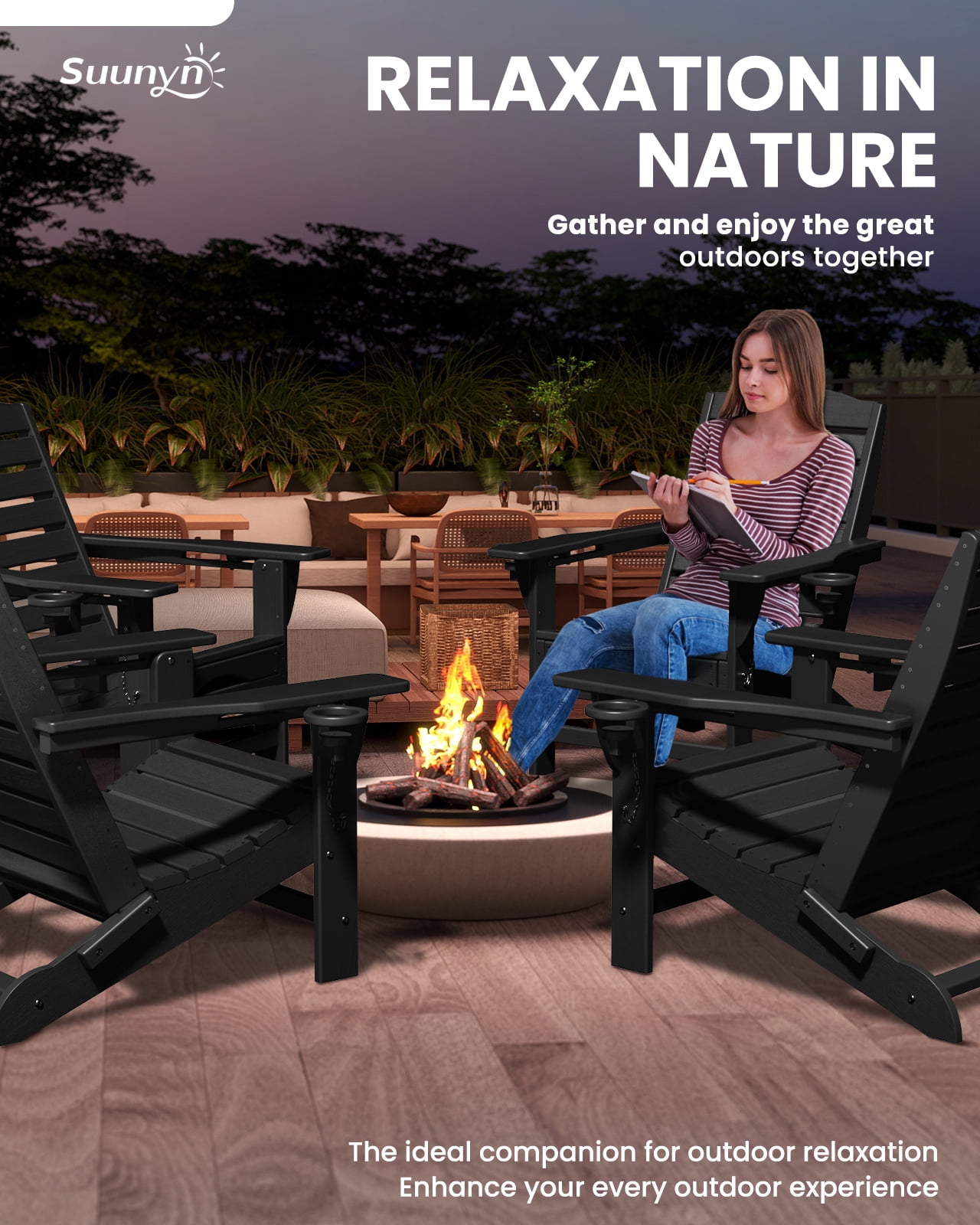 Folding Adirondack Chair with Retractable Ottoman Footrest, HDEP All Weather Fire Pit Chair with 2 Cup Holders for Outdoor, Classic Black