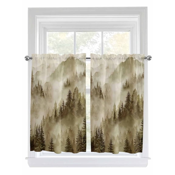 Brown Mountain Living Room Curtains 2 Panel, Misty Forest Nature Woodland Pine Tree Landscape Cafe Window Treatment, Farmhouse Bedroom Bathroom Kitchen Curtains Drapes 104"x54"