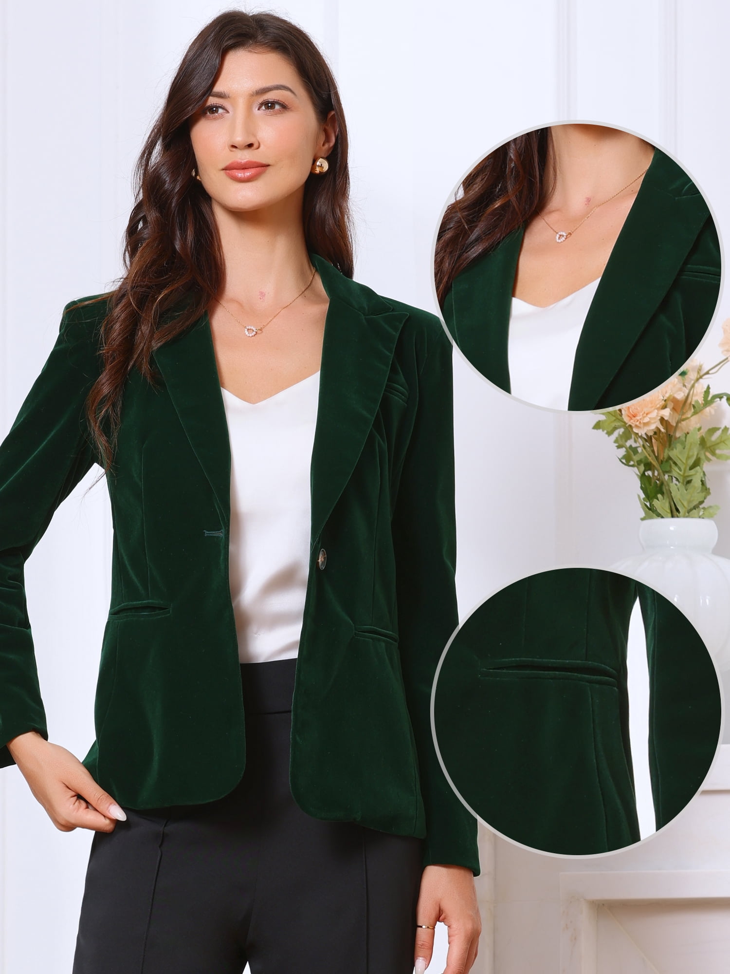 DARING DIVA Women's Long Sleeve Velvet Blazer with Notch Lapel XL Dark Green