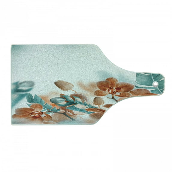 Tropical Cutting Board, Exotic Orchids Blossom Leaves on Blurred Background Floral Themed Modern Art, Tempered Glass Cutting and Serving Board, Wine Bottle Shape, Orange and Teal, by Ambesonne