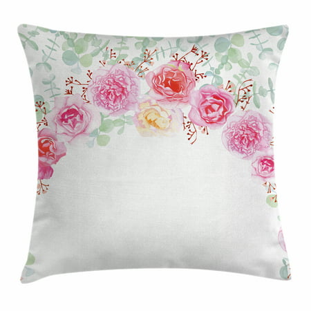 Shabby Chic Decor Throw Pillow Cushion Cover, Floral Wreath in Half Blossoming Romantic Bridal Roses Peonies Feminine, Decorative Square Accent Pillow Case, 18 X 18 Inches, Multicolor, by