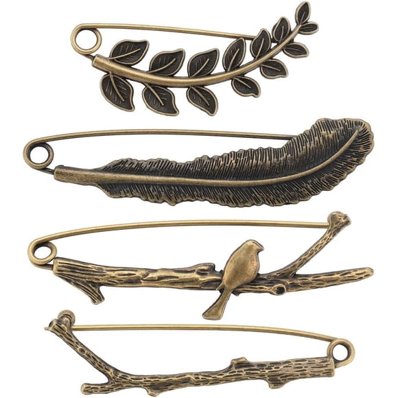 1 Box 8Pcs Vintage Lapel Pins Bronze Lapel Pin Brooches Safety Brooch Pins Large Leaf Lapel Pin Feather Bird Branch Lapel Brooches for Men Women Coats Jackets Hats Bags Decoration