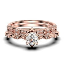 Antique Dazzling Boho & hippie 2.25 Carat Round Cut Diamond Moissanite Unique Engagement Ring, Wedding Ring in10k Solid Rose Gold, Affordable Gift For Woman, Trio Set, Matching Band