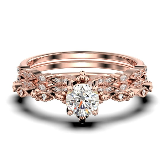 Antique Dazzling Boho & hippie 2.25 Carat Round Cut Diamond Moissanite Unique Engagement Ring, Wedding Ring in10k Solid Rose Gold, Affordable Gift For Woman, Trio Set, Matching Band