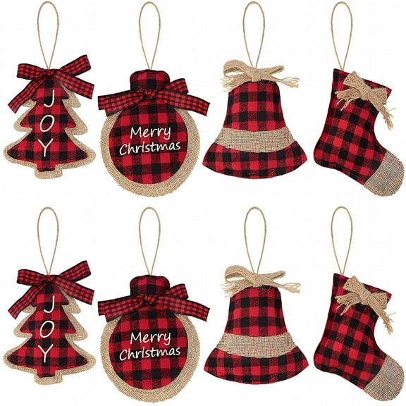 LAMIRO Christmas Decorations Tree Ornament 8 Pcs Red Black Buffalo Check Plaid Stitching Burlap Hanging Ornaments Tree Ball Bell Stocking Shaped Hanging Decor for Xmas Party Decorations Gift