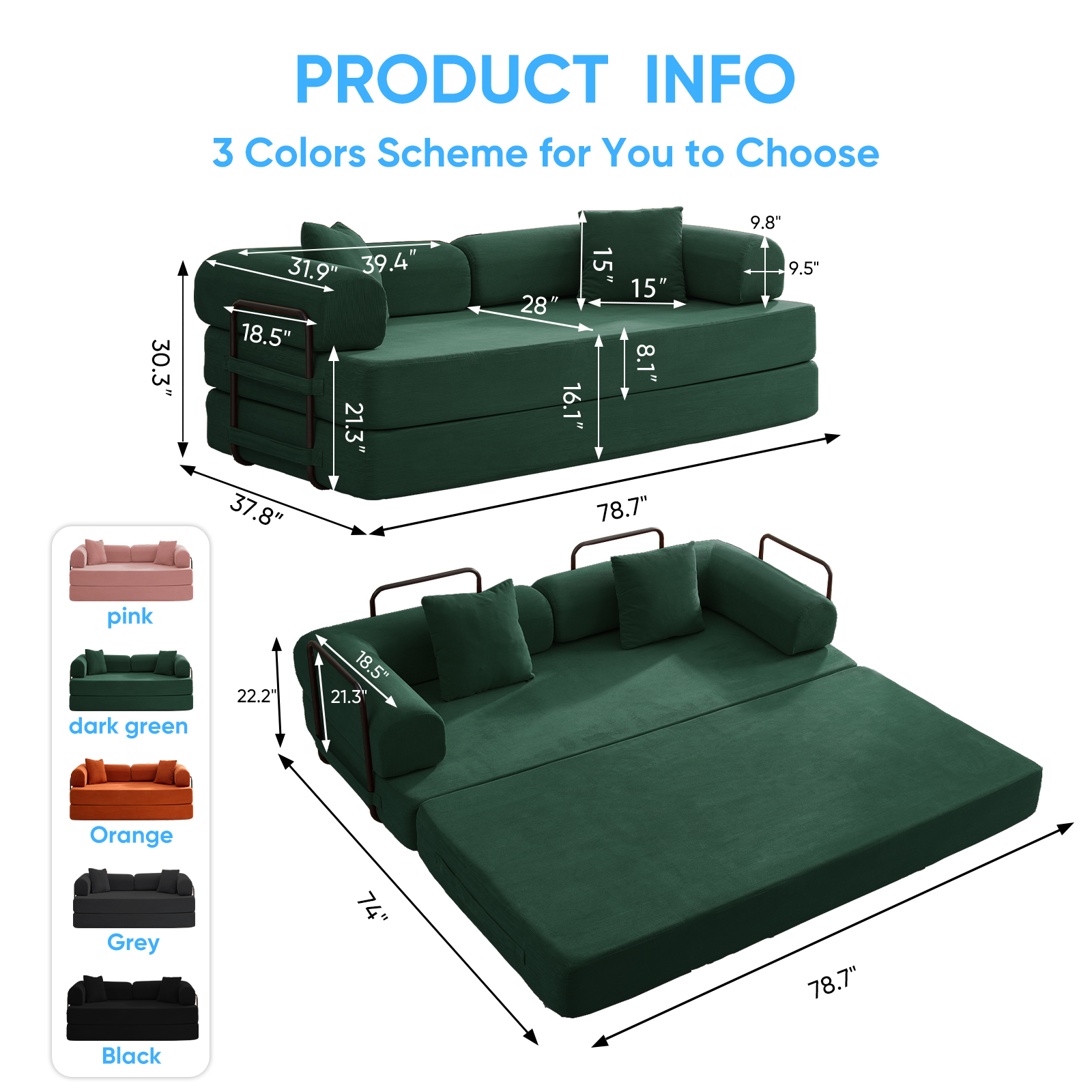ZAFLY Folding Sofa Bed | Convertible Futon Sleeper Couch | Modern Floor Mattress | Corduroy Sofas and Couches for Living Room - Green