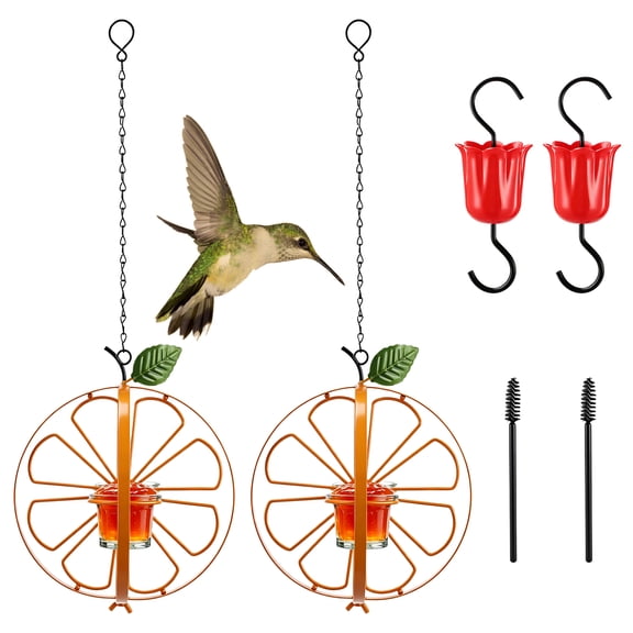 2 Pack Oriole Feeder Set with Glass Bowls and Cleaning Brushes, Orange Metal Flower Jelly Bird Feeder for Outdoors Hanging, Garden Decor for Garden, Outdoor, Gift