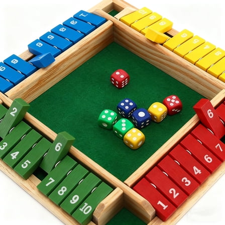 Wooden Shut The Box Game - 4-Player Dice Game with Colorful Number Blocks, Great for Game Nights, Math Skills & Socializing with 8 Dice