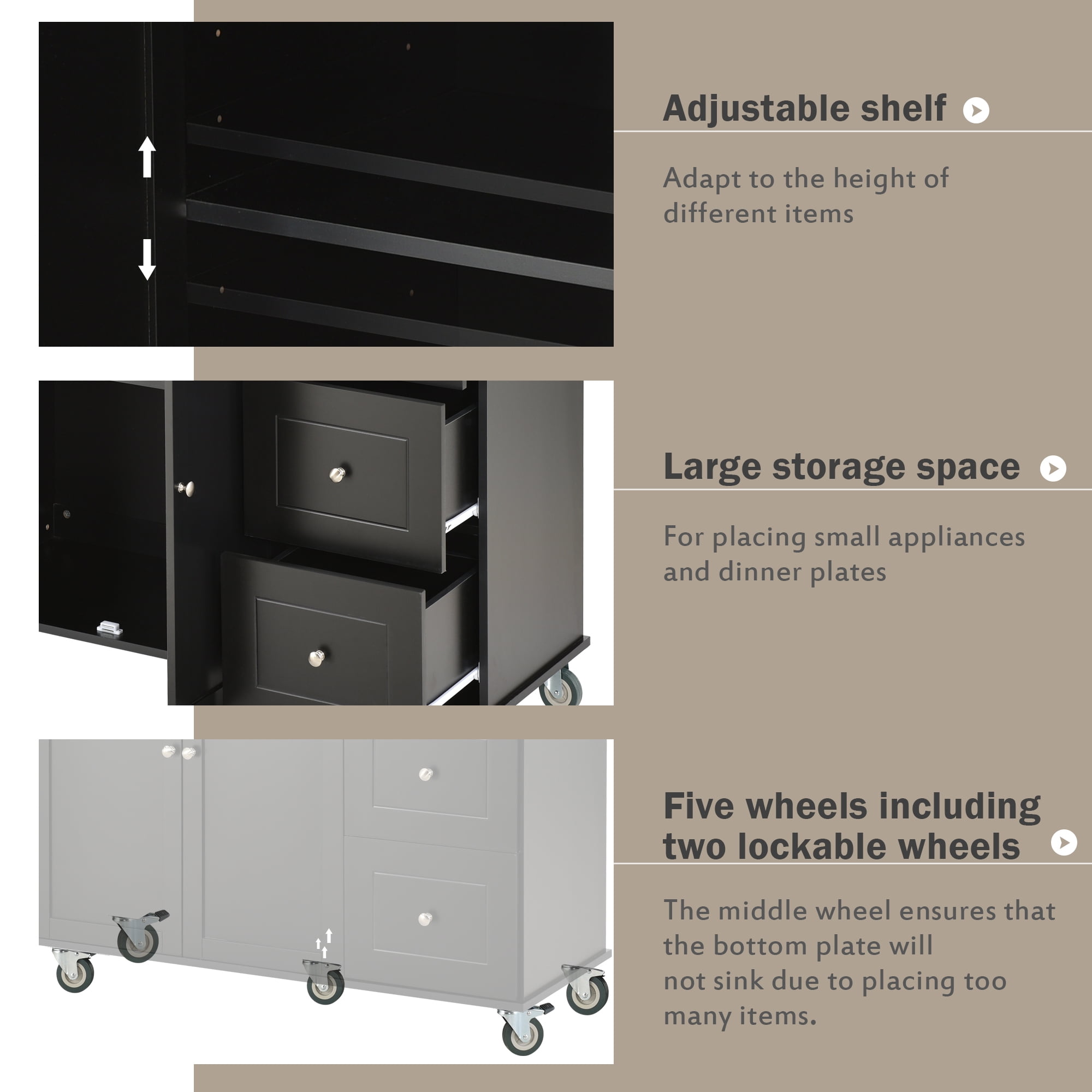 DEALTOPS Rolling Kitchen Islands with Storage Cabinet, Black, 52.76 in