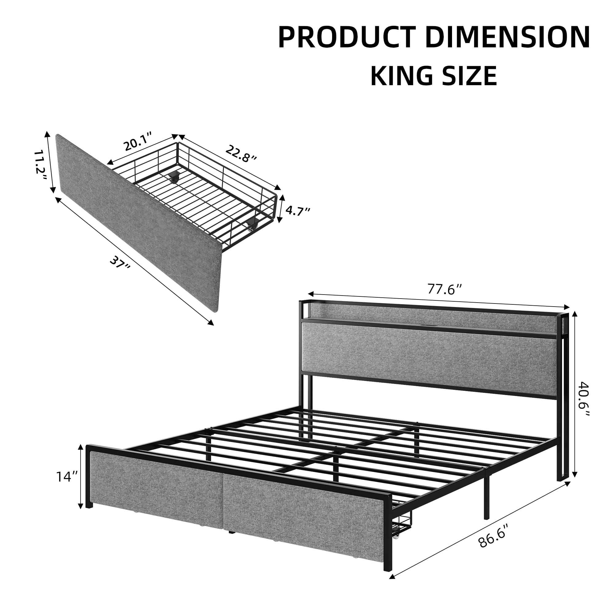 King Size Bed Frame with 2 Storage Drawers and Charging Station