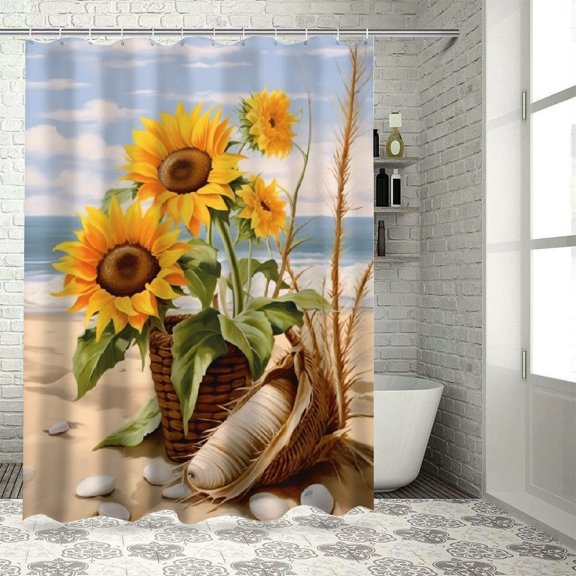 Creowell Sunflowers Beach Shell Pretty Shower Curtain 100% Polyester Fiber Bathroom Decor Chic Modern Style with Hooks 36x72