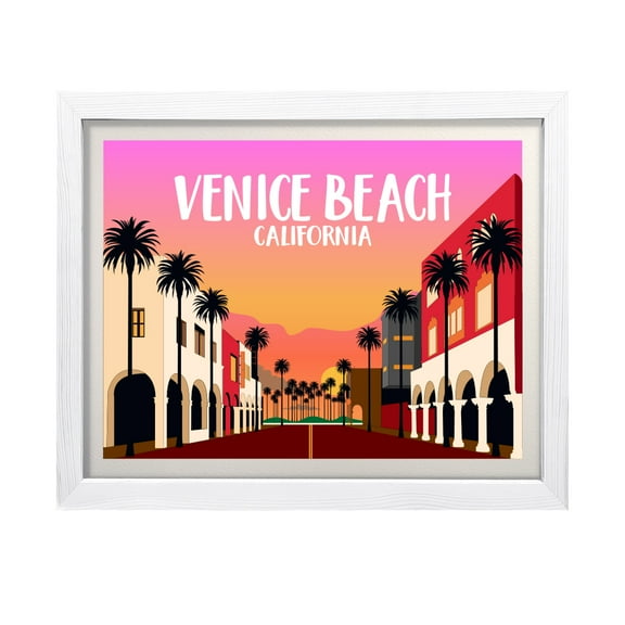 Designs ByLITA Venice Beach California, 11 x 14 White Wall Print (Framed) | Multiple Frame Options | Stylish Retro Famous US Beach Art