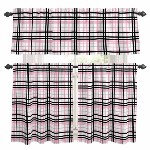 Pink Black Plaid Kitchen Curtains, Kitchen Curtains and Valances Set of 3, Farmhouse Pink Black Checkered Light Filtering Tailored Tier Curtain 36 Inch Length Drapes for RV Cafe Bathroom Bedroom