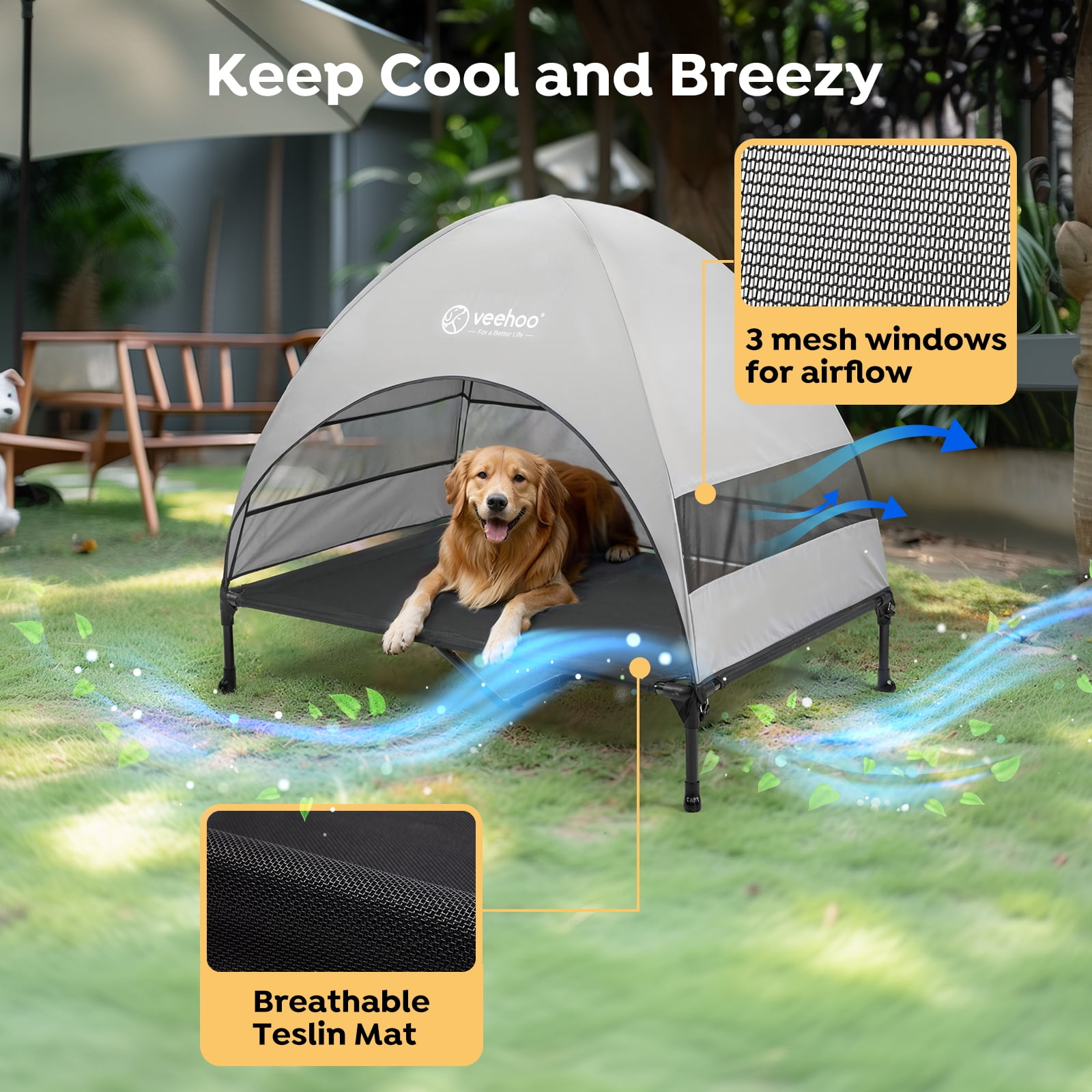 Veehoo Outdoor Dog Bed with Removable Canopy, Cooling Elevated Dog Cot Bed, XLarge, Black + Grey