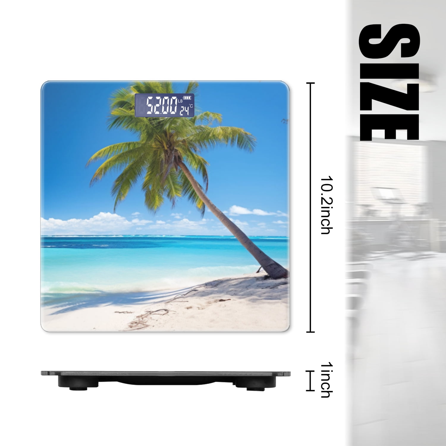 High Precision Body Weight Scale Smart Bathroom Scales with Large LCD Display(400lbs),Decorative for Bedroom-White Sand With Bule Water And Palm Trees