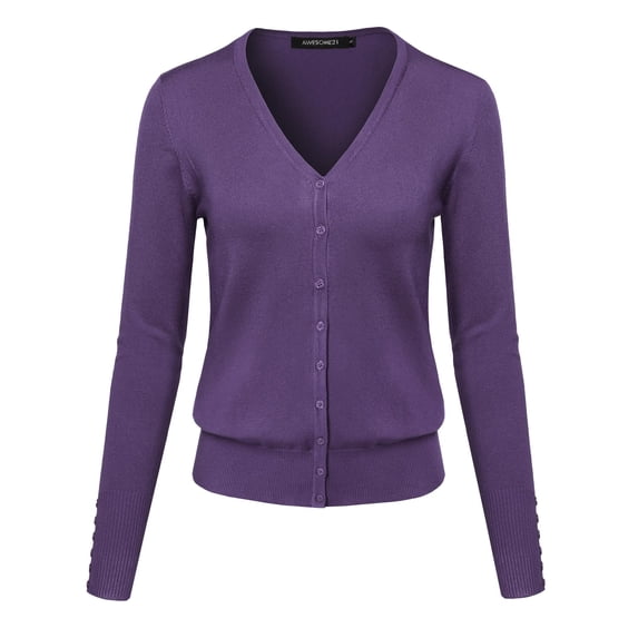 FashionOutfit Women's Basic Solid V-Neck Button Closure Long Sleeves Sweater Cardigan
