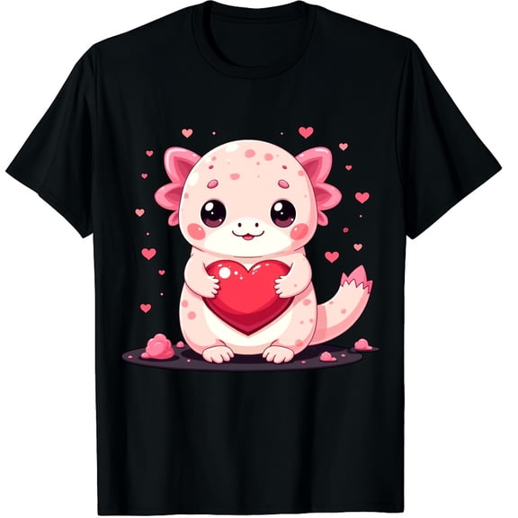 Valentine Cute Pink Axolotl Lovers Heart Graphic Crew Neck Short Sleeve T-Shirts (Men's, Women's)