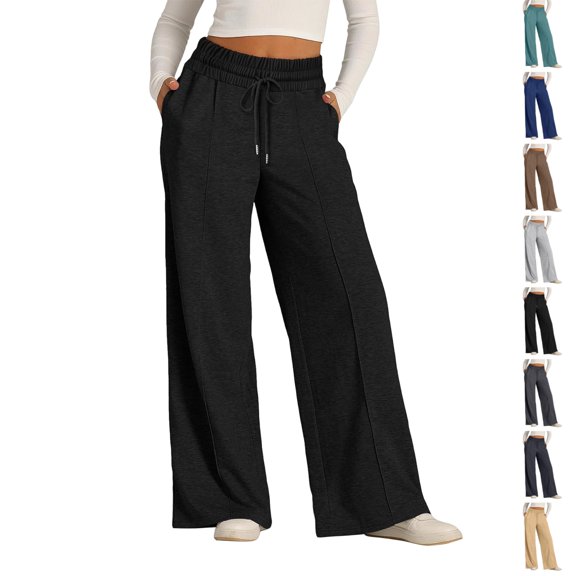 UDAUDU Womens Fleece Sweatpants Wide Leg Sweat Pants Fall Winter Baggy Drawstring High Waist Pant with Pockets L