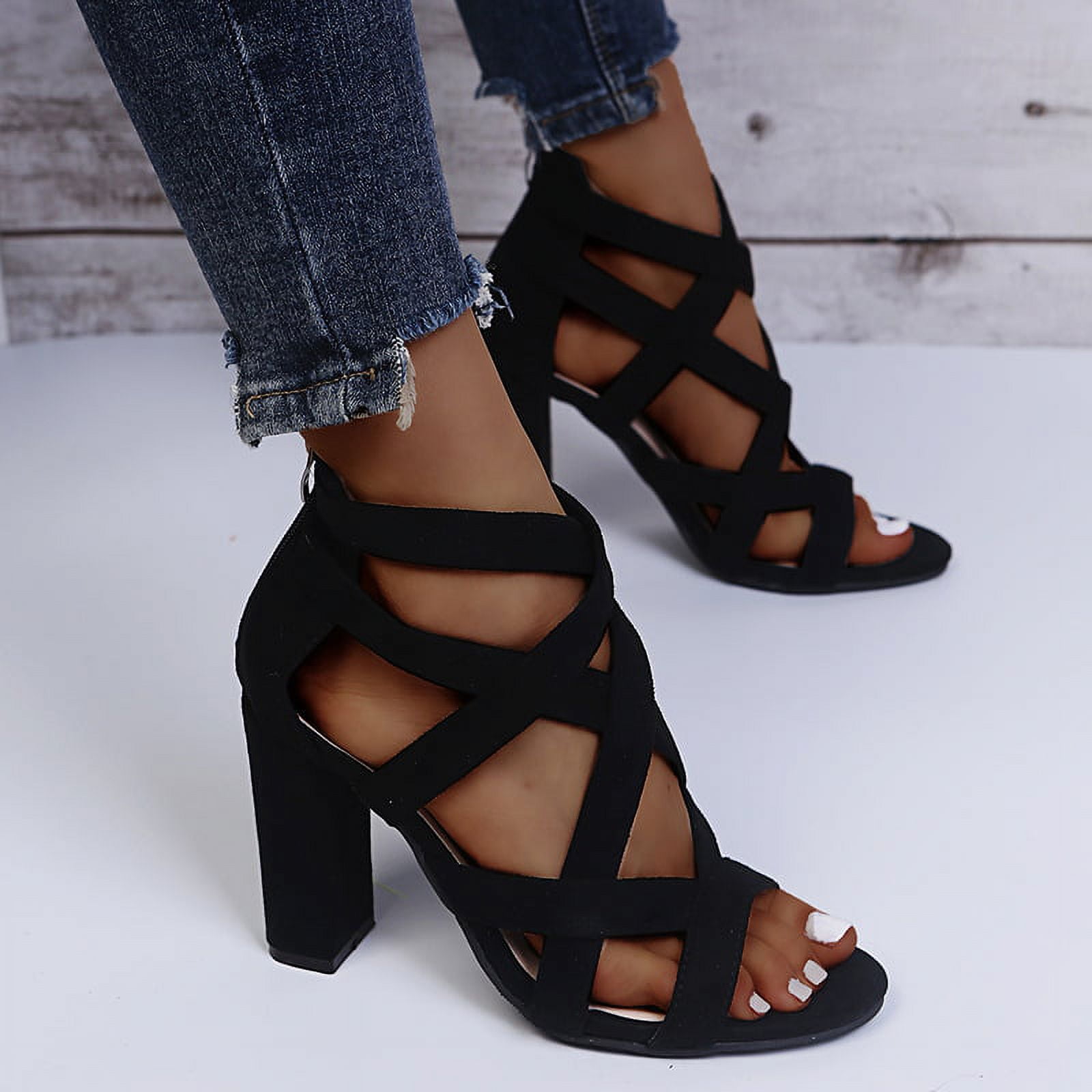 Women Tie Leg Design Chunky Heeled Sandals, Fashionable Black Strappy  Sandals | SHEIN USA