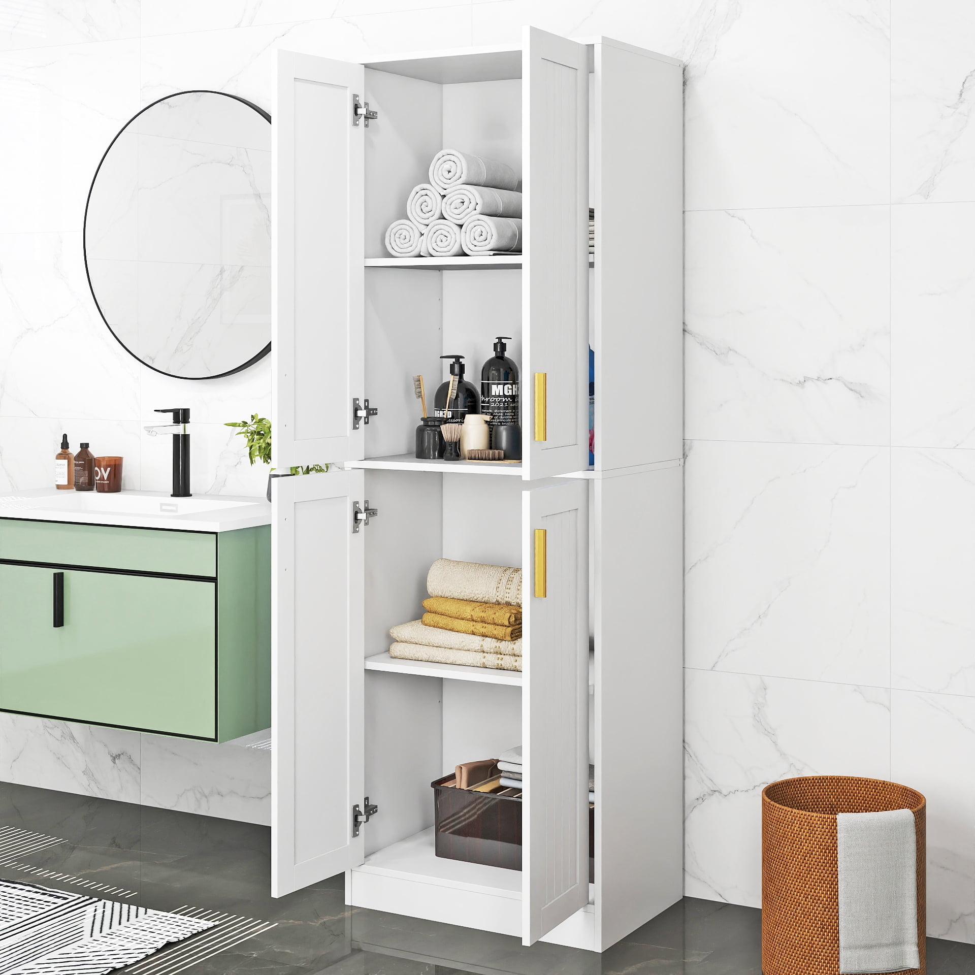 67.7” Tall Modern Storage Cabinet with 2 Adjustable Shelves, Bathroom Cabinet with 4 Doors, Kitchen Cabinets, Cupboard for Kitchen, Living Room