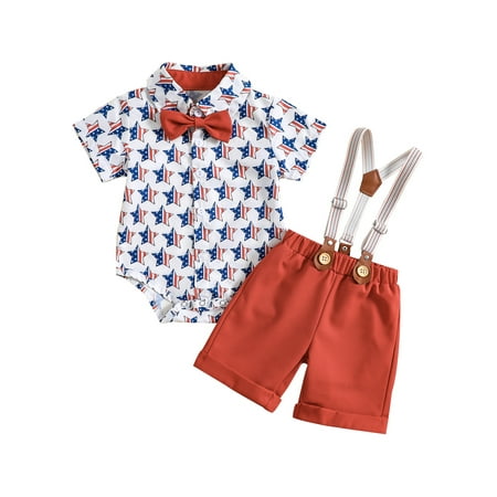 

Wassery Baby Boys 4th of July Outfits 6 12 18 24 Months Infant Newborn Boys Independence Day Clothes Set Short Sleeve Bowtie Romper + Suspender Shorts Summer Infant Gentleman Bodysuits