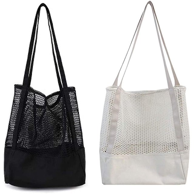 Bolsas de lona para compras de comestibles, paquete de 2 bolsas de tela reutilizables de alta calidad y resistentes, bolsas lavables, duraderas y ecológicas (negro+blanco)
