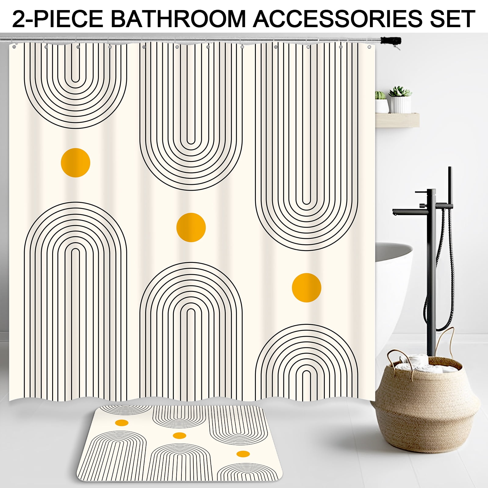Dznils Boho Fabric Shower Curtains and Bath Rug Set, Modern Bathroom Curtain Sets, Beige, 72" x 72"