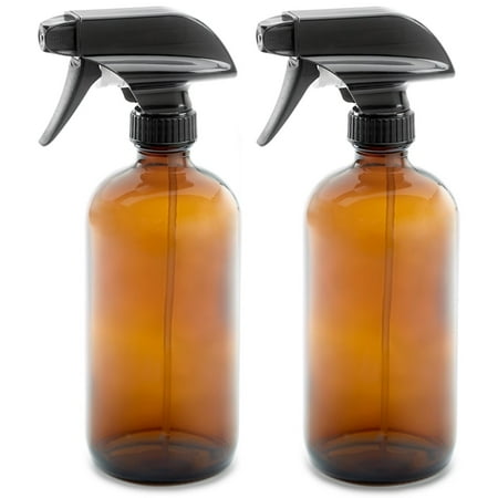 2 Pack 16oz Empty Amber Dark Brown Glass Spray Bottles w/ Labels and Caps - Mist & Stream Trigger Sprayer - BPA Free - Lead Free- Boston Round Heavy Duty Bottle - For Essential Oils, Cleaning,