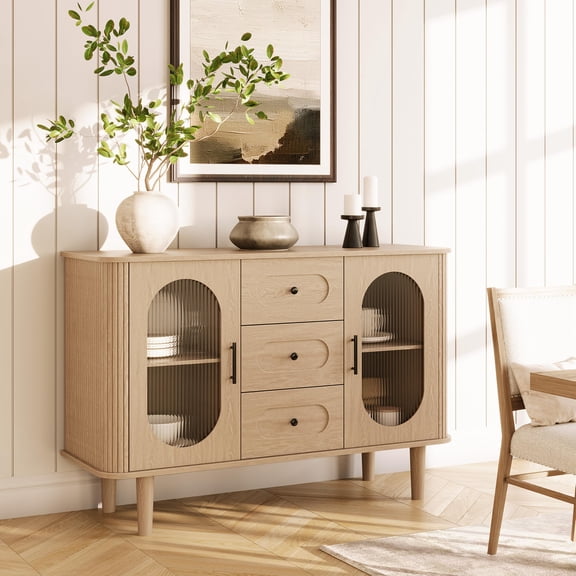 47.2" Sideboard Buffet Cabinet with 2 Fluted Glass Doors & 3 Drawers, Modern Farmhouse Accent Coffee Bar with Adjustable Shelves for Kitchen, Living Room, Hallway, Natural