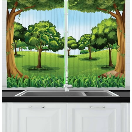 Dark Wood Window - Forest Curtains 2 Panels Set, A Clear Day in the Woods Theme Cartoon Drawing Style Idyllic Summer, Window Drapes for Living Room Bedroom, 55W X 39L Inches, Green Pale Blue Caramel, by Ambesonne